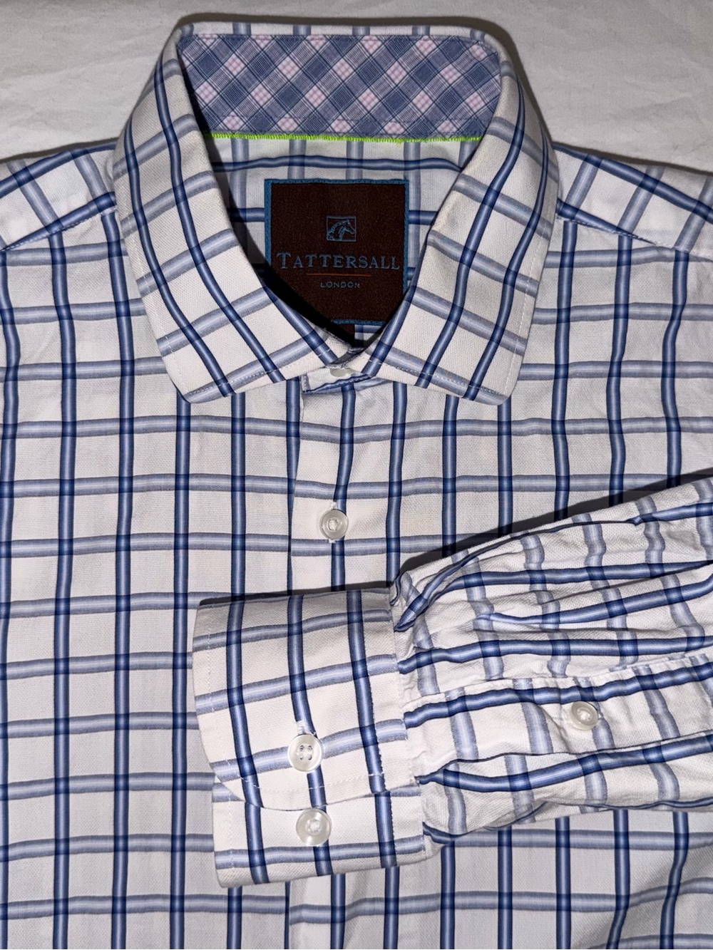 Tattersall London Men’s White & Blue Plaid Dress Shirt